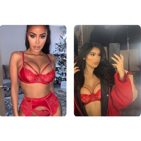 Fashion Nova ✦ Red Lace Satin Garter Set ✦ Almost Never Enough Bra Thong Belt - Picture 6 of 8